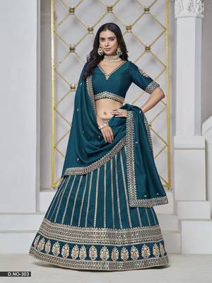 Teal Embroidered Art silk blend Designer Lehenga With Blouse 1
