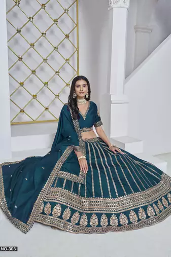 Teal Embroidered Art Silk Designer Lehenga With Blouse