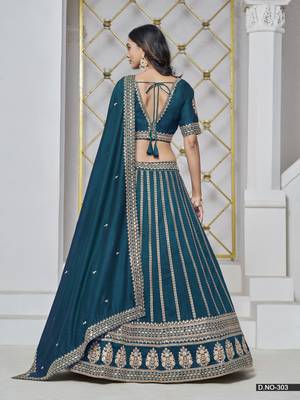 Teal Embroidered Art silk blend Designer Lehenga With Blouse 3