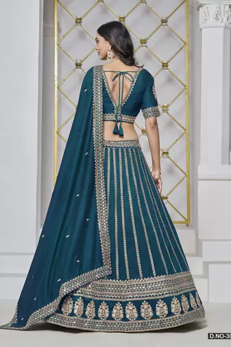 Teal Embroidered Art Silk Designer Lehenga With Blouse