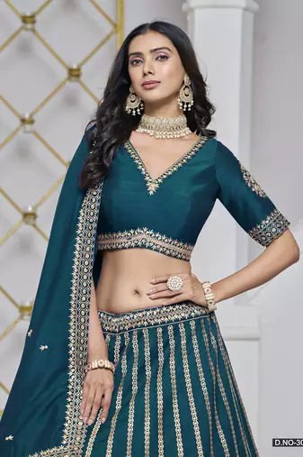 Teal Embroidered Art Silk Designer Lehenga With Blouse