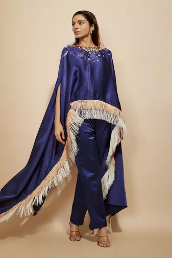 Blue embroidered kaftan with pant