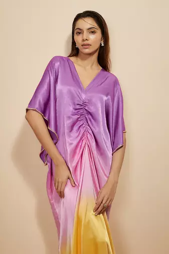 Mustard to lilac ombre embroidered kaftan