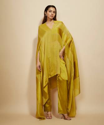 Mustard block embroidered kaftan with pant 1