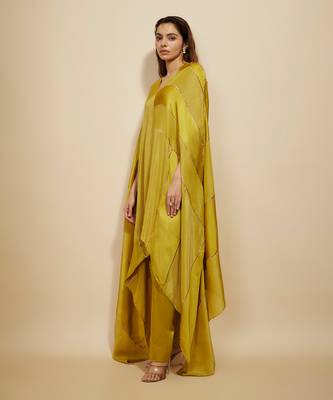 Mustard block embroidered kaftan with pant 2