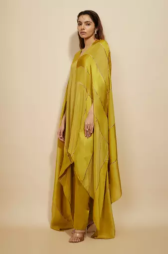 Mustard block embroidered kaftan with pant