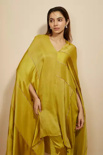 Mustard block embroidered kaftan with pant