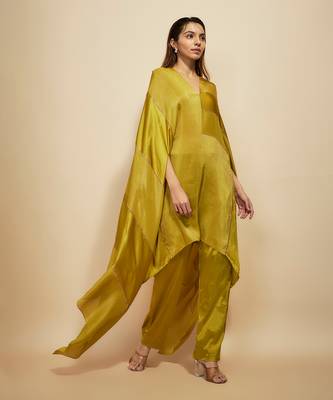 Mustard block embroidered kaftan with pant 4