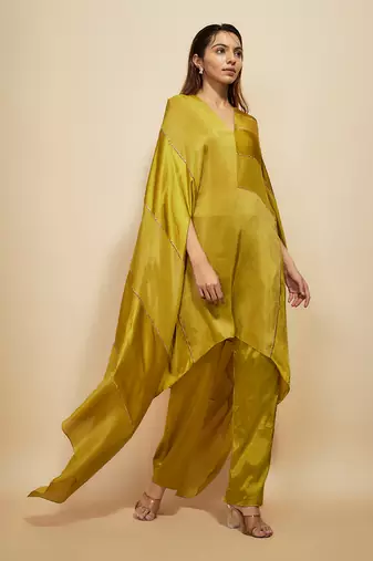 Mustard block embroidered kaftan with pant