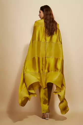 Mustard block embroidered kaftan with pant