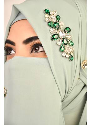 Green luxury bridal wedding wear hijab scarf   with stonework 5