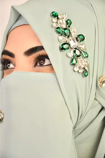Green luxury bridal wedding wear hijab scarf   with stonework
