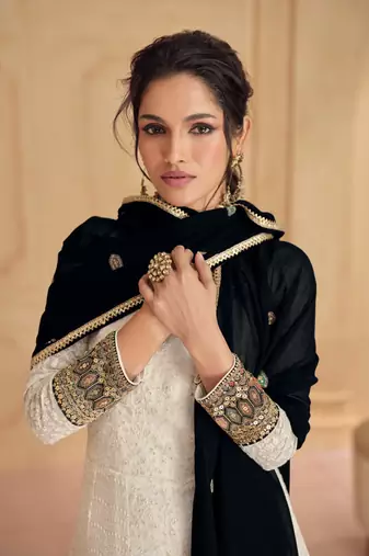 Cream embroidered georgette free size anarkali salwar suit