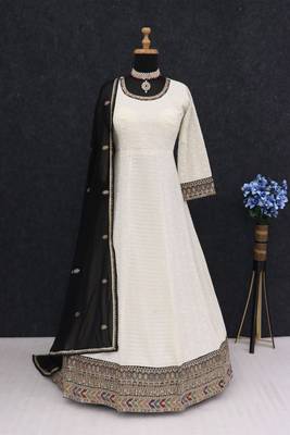 Cream embroidered georgette free size anarkali salwar suit 3