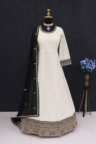 Cream embroidered georgette free size anarkali salwar suit