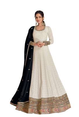 Cream embroidered georgette free size anarkali salwar suit 4