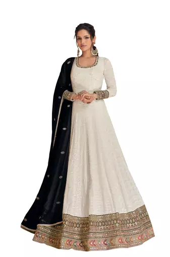 Cream embroidered georgette free size anarkali salwar suit