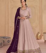 Light pink embroidered georgette free size upto 44 size anarkali with dupatta