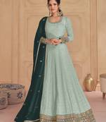 Green embroidered georgette free size upto 44 size anarkali with dupatta
