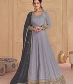 Grey embroidered georgette free size anarkali salwar suit