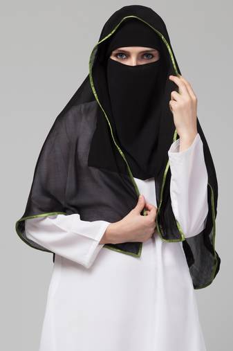 Nazneen Butterfly Arabian hijab With nose piece with green Satin tape