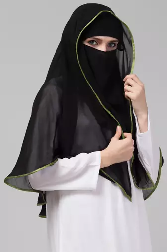 Nazneen Butterfly Arabian hijab With nose piece with green Satin tape
