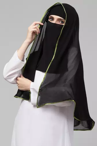 Nazneen Butterfly Arabian hijab With nose piece with green Satin tape