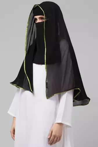 Nazneen Butterfly Arabian hijab With nose piece with green Satin tape