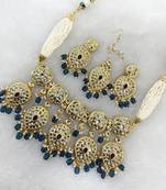 Elegant kundan choker necklace set with big pendant, pearls & gold polish     bridal set with earrings & maangtikka