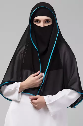 Nazneen Butterfly Arabian hijab With nose piece with Aqua blue Satin tape