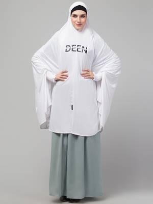 Nazneen Islamic Calligraphy printed  stretchable Jersey smoking at  sleeve  Jilbab cum prayer khimar  Hijab 1