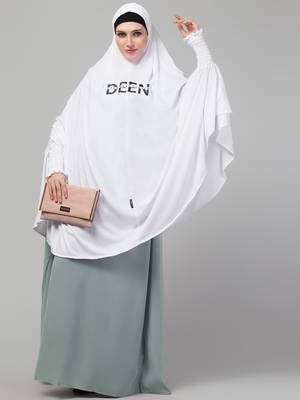 Nazneen Islamic Calligraphy printed  stretchable Jersey smoking at  sleeve  Jilbab cum prayer khimar  Hijab 3