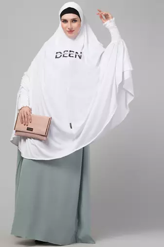 Nazneen Islamic Calligraphy printed  stretchable Jersey smoking at  sleeve  Jilbab cum prayer khimar  Hijab