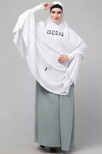 Nazneen Islamic Calligraphy printed  stretchable Jersey smoking at  sleeve  Jilbab cum prayer khimar  Hijab