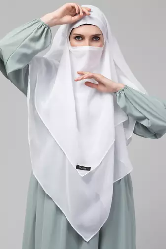 Nazneen White Triangle tow layers tie at back Ready to wear Hijab cum Naqab