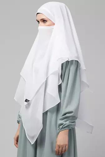 Nazneen White Triangle tow layers tie at back Ready to wear Hijab cum Naqab