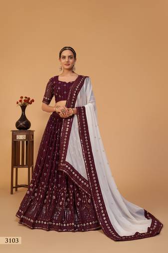 Sareez4u Wine, Sequins Embroidery Work, Gerogette Fabric, Semi-Stitched, Lehenga Choli With Dupatta Set