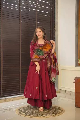MAROON MASLIN COTTON ANARKALI SUIT SET 