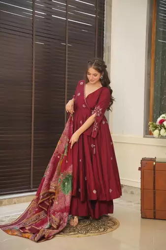 MAROON MASLIN COTTON ANARKALI SUIT SET 