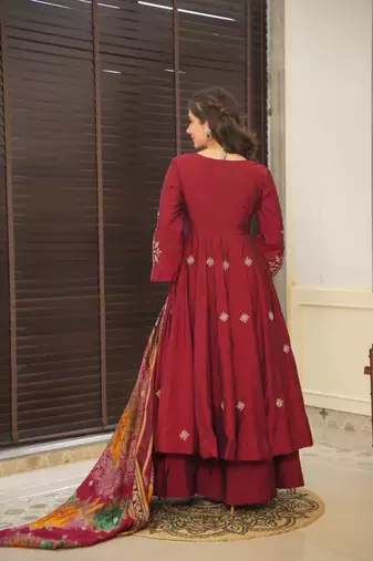 MAROON MASLIN COTTON ANARKALI SUIT SET 