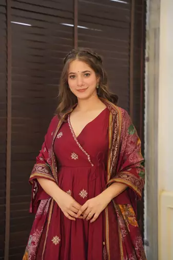 MAROON MASLIN COTTON ANARKALI SUIT SET 