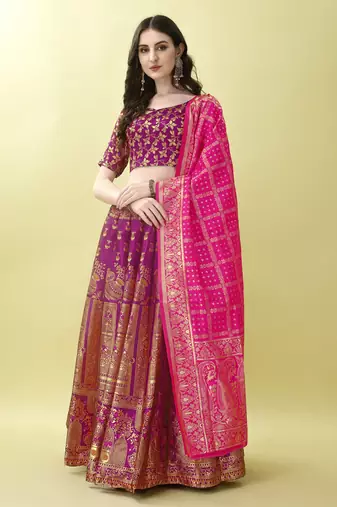 Purple Woven Silk Lehenga Choli With Dupatta