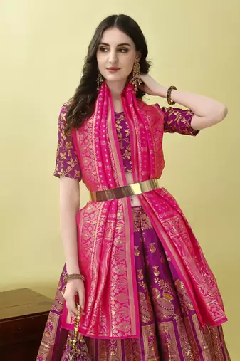 Purple Woven Silk Lehenga Choli With Dupatta