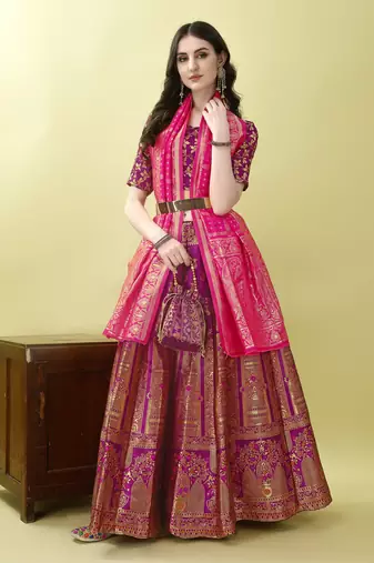 Purple Woven Silk Lehenga Choli With Dupatta