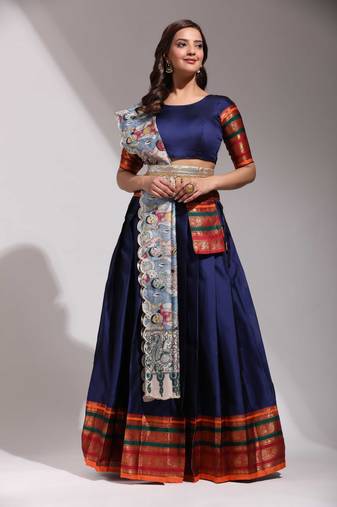 Navy Blue Woven Silk Lehenga Choli With Dupatta