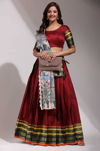Maroon Woven Silk Lehenga Choli With Dupatta
