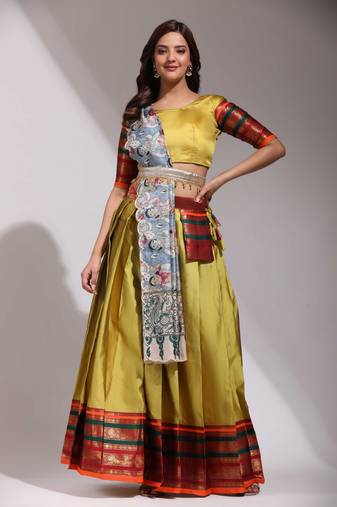 Yellow Woven Silk Lehenga Choli With Dupatta