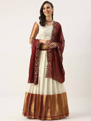 White Woven Silk Lehenga Choli With Dupatta 1