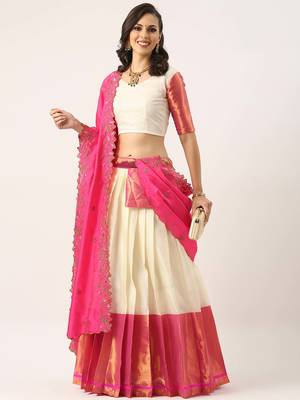 White Woven Silk Lehenga Choli With Dupatta 1