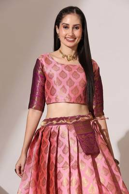 Pink Woven Silk Lehenga Choli With Dupatta 2